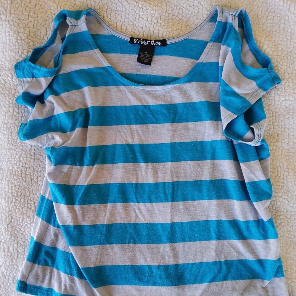 Blue & Gray Striped Cold Shoulder Relaxed fit Short Sleeve Y2K Top